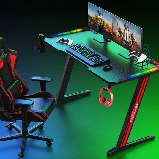 Large Gaming Desk with RBG LED Lights Carbon Fiber Surface with Cup Holder & Headphone Hook - Polar Tech Australia