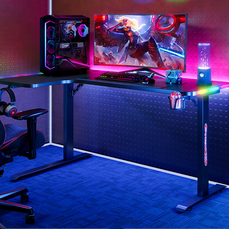 Cargue la imagen en el visor de la galería, Large Left Corner Gaming Desk with RBG LED Lights Carbon Fiber Surface with Cup Holder &amp; Headphone Hook - Polar Tech Australia
