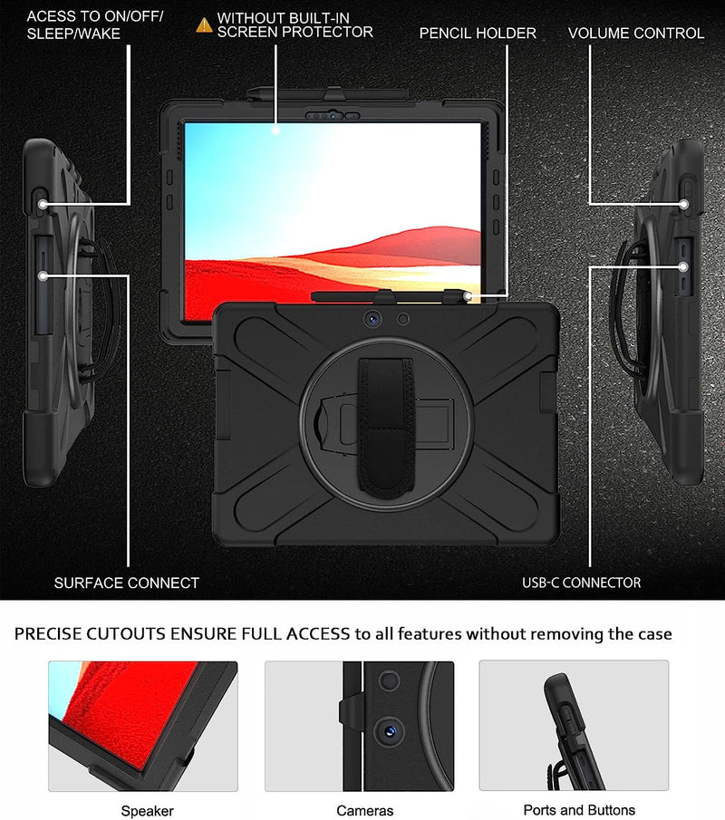 Cargue la imagen en el visor de la galería, Microsoft Surface Pro X - 360 Degree Rotate Shockproof Heavy Duty Tough Stand Case Cover With Strap &amp; Pen Holder - Polar Tech Australia
