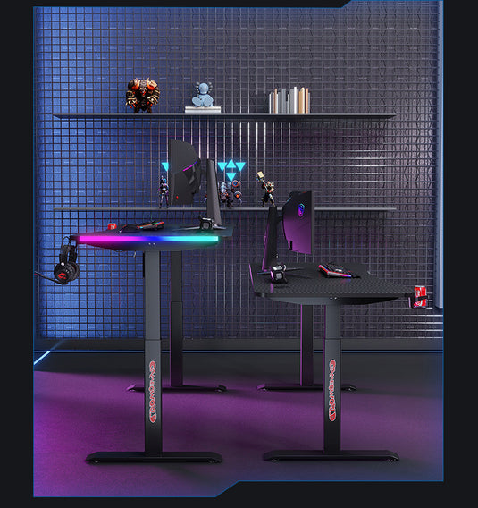[Motorized Adjustable] Large Gaming Desk Table with RBG LED Lights Carbon Fiber Surface with Cup Holder & Headphone Hook - Polar Tech Australia