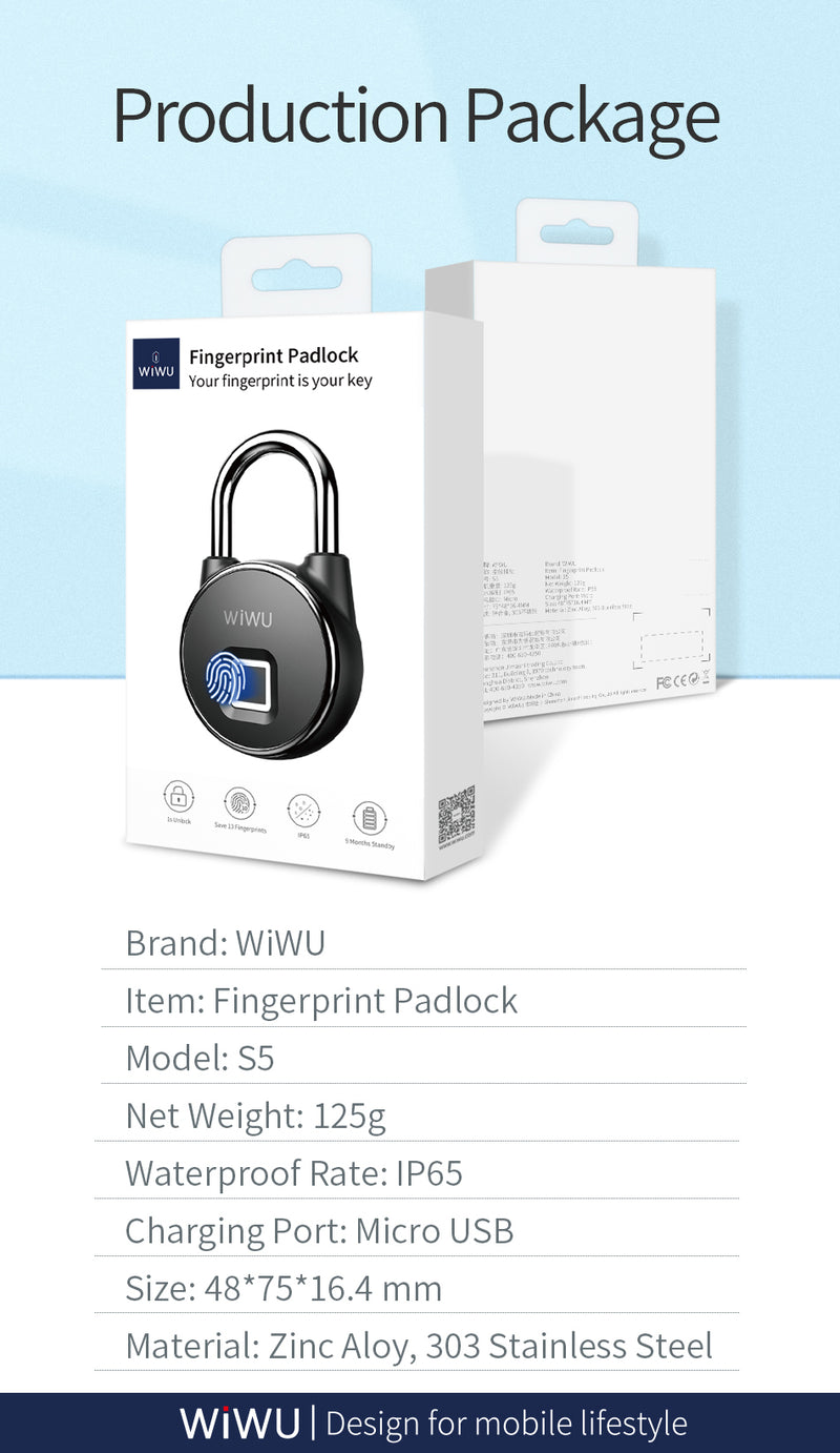Cargue la imagen en el visor de la galería, WIWU S5 IP65 Waterproof Smart Rechargeable Fingerprint Padlock For Door Bicycle Bag Cabinets - Polar Tech Australia
