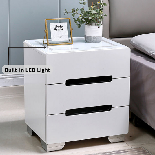 [Built-in LED Light] 	Intelligent 3 Drawers Bedside Table Side Unit With LED Lamp Nightstand - Polar Tech Australia
