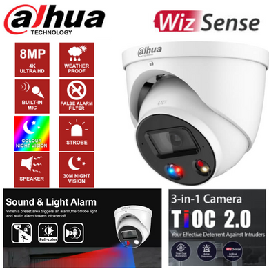 [DH-IPC-HDW3849H-AS] DAHUA 3 in 1 TIOC 2.0 S4 8MP Dual Illumination Active Deterrence Fixed-focal Eyeball WizSense Network Camera - Polar Tech Australia